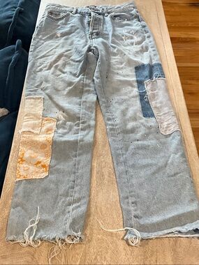 BDG Light Blue Patchwork Wide-Leg Jeans with Yellow Patch
